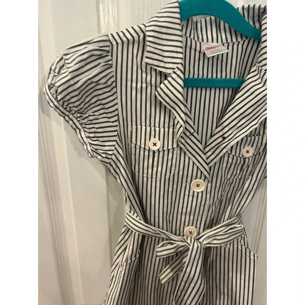 Gymboree Shirt Dress Blue White Striped Cotton Belted Puff Sleeve Kids Size 8
